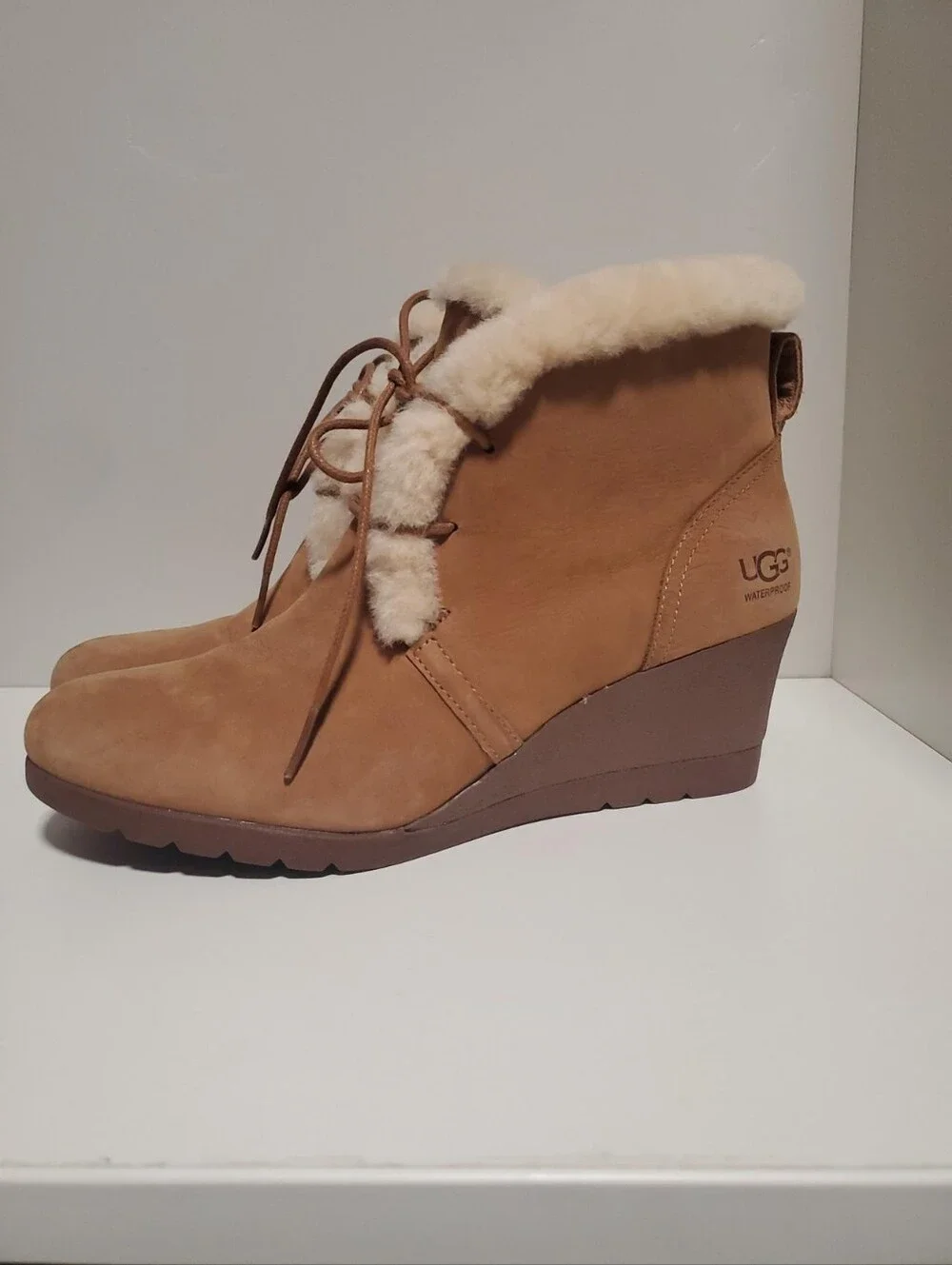 UGG JEOVANA CHESTNUT SUEDE WATERPROOF ANKLE WEDGE BOOTIES BOOTS Size 7